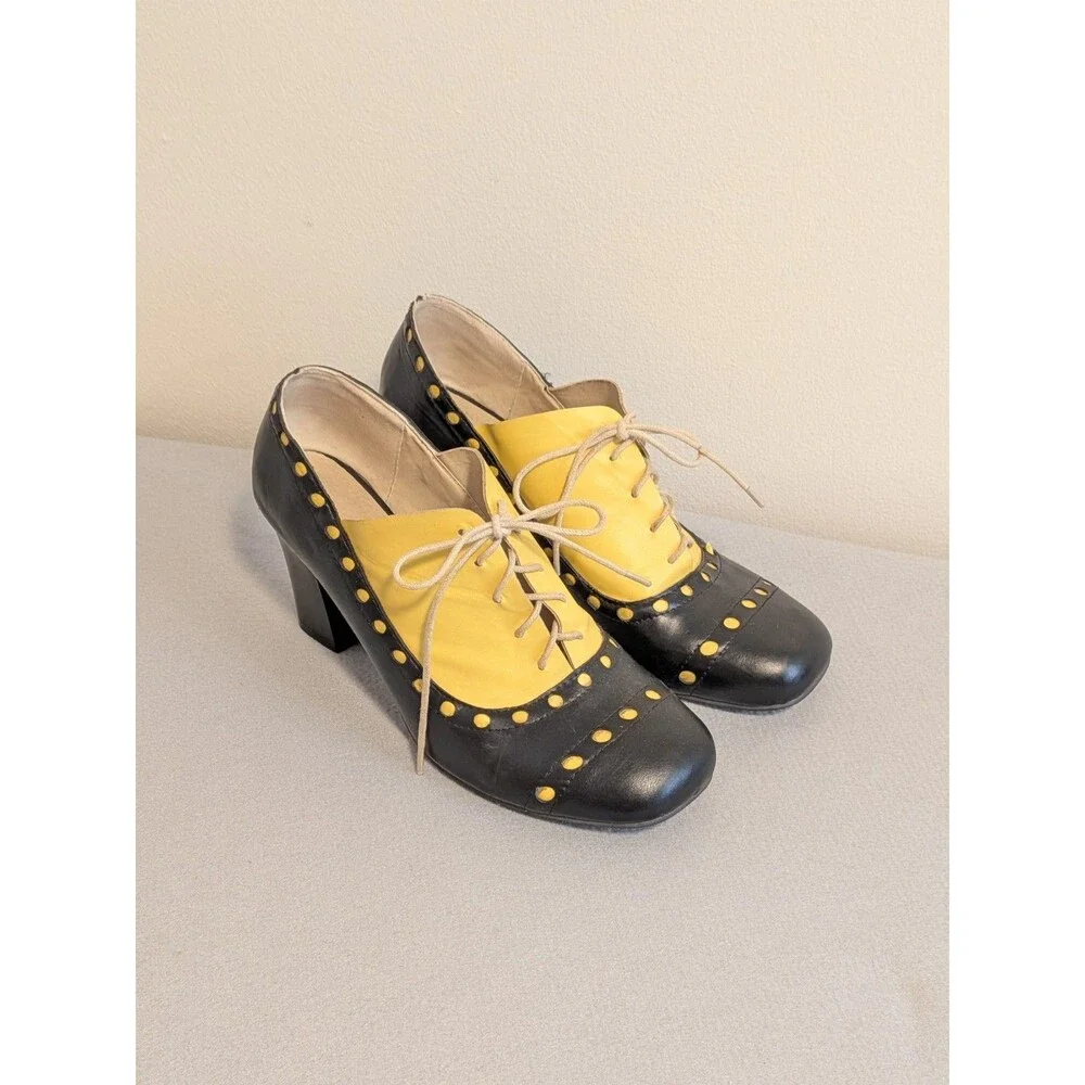 Vintage Style Black Yellow Oxford Brogue Pumps Artsy Spectator Heels EU 43